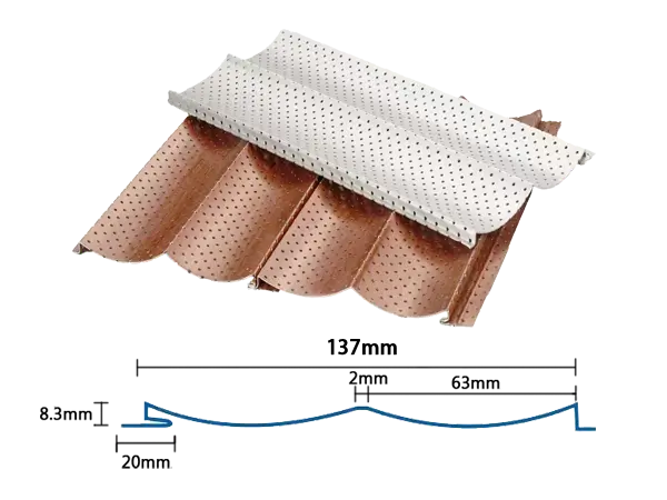 Double-concave architectural corrugated perforated panel