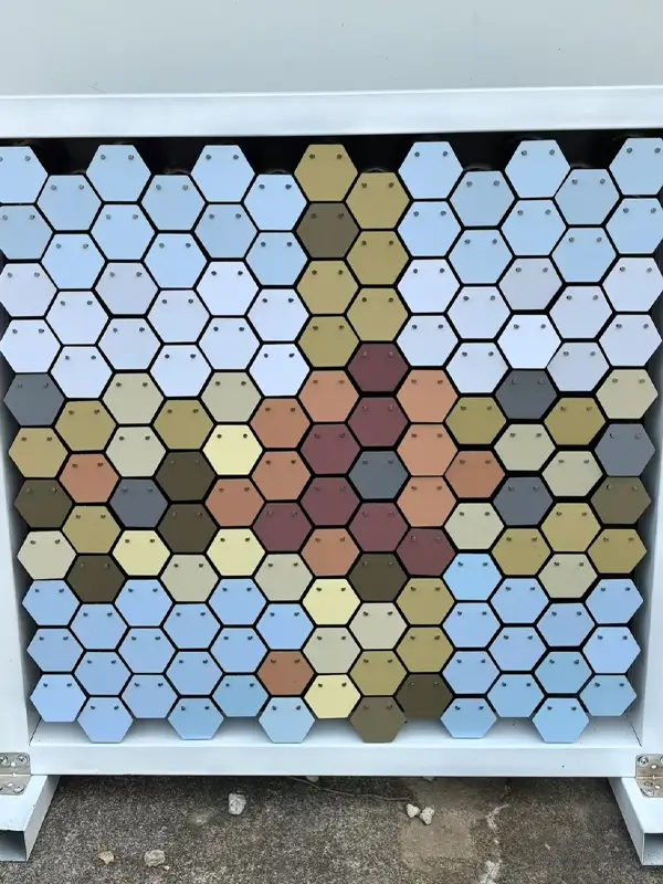 Hexagonal - shaped decorative pieces are mounted with a back plate, showcasing a colorful pattern.