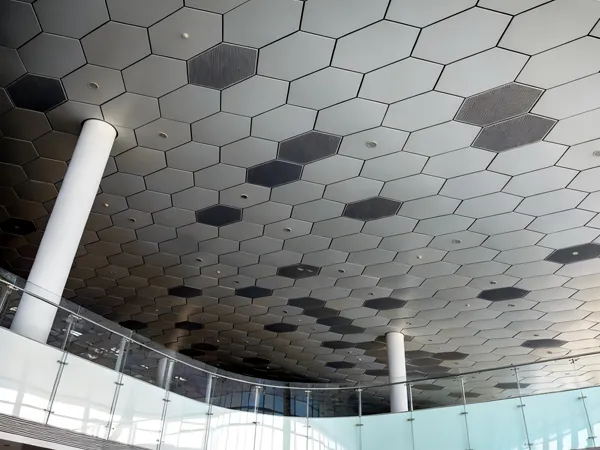 The display of airport internal decorated with perforated metal acoustic panels