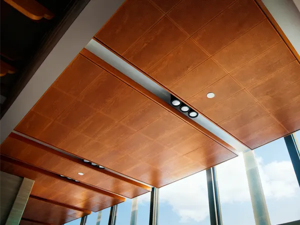 Perforated metal acoustic panels installed on the clubhouse ceiling
