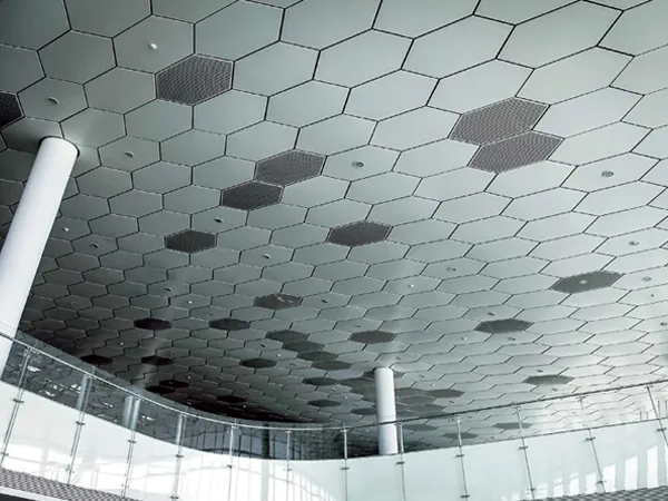 The display of airport internal decorated with perforated metal acoustic panels