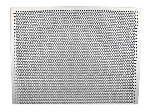 A piece of silver white perforated sheet with round holes.